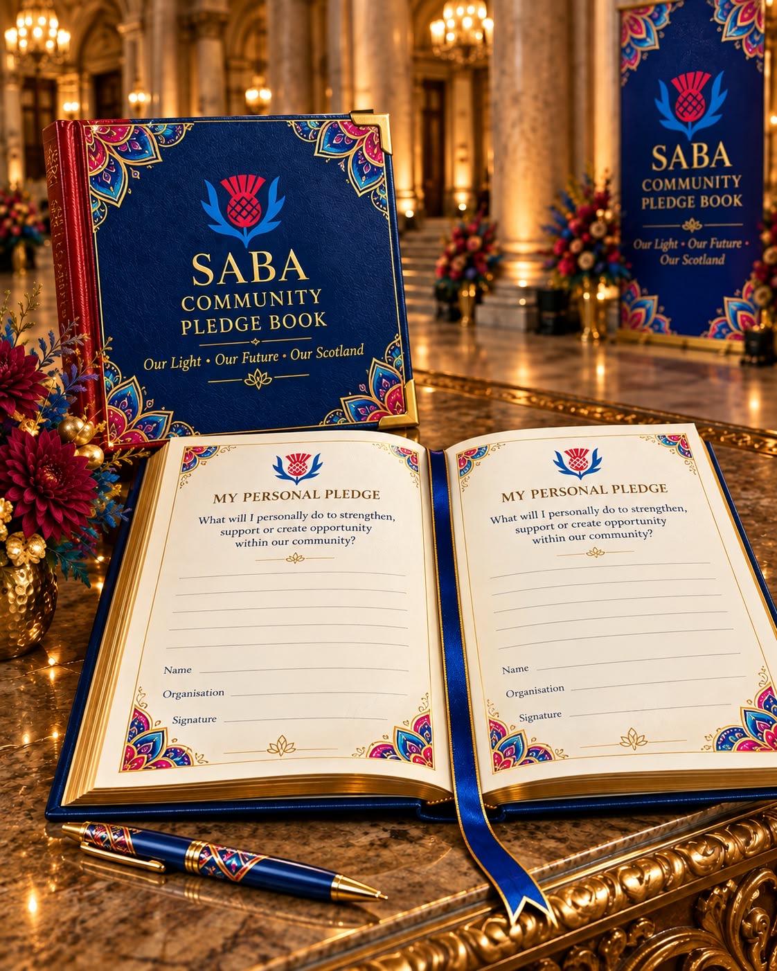 The SABA Community Pledge Book open for guests to write in